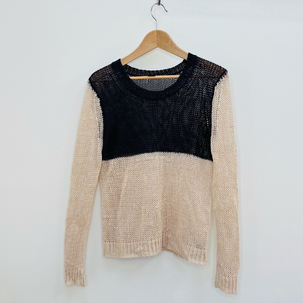 Theory Adoncia Dedalo Linen Open Knit Colorblock Sweater Navy Beige Size Small - Picture 10 of 10